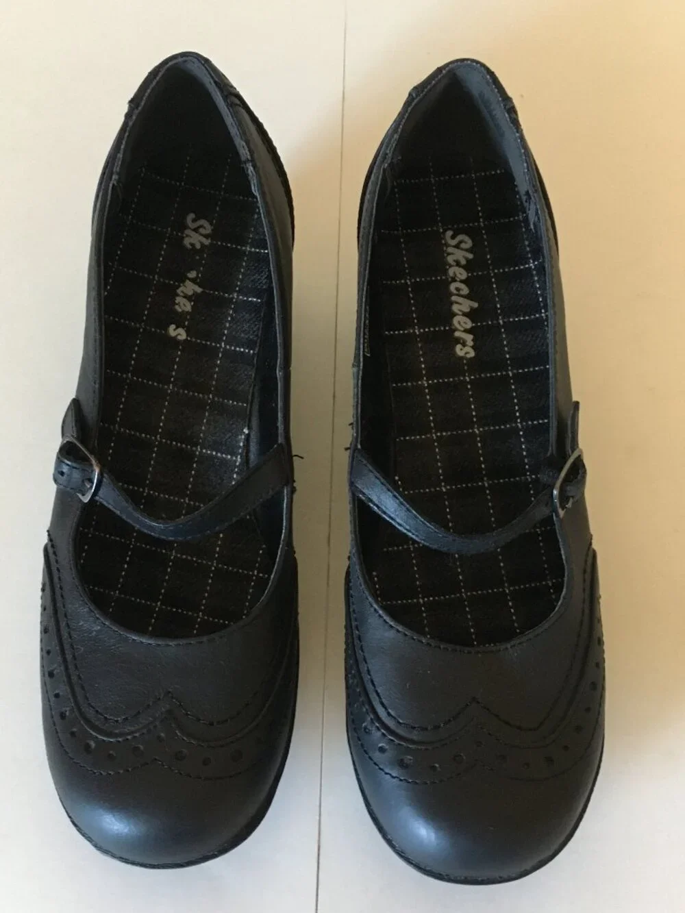 Skechers Black Mary Jane Shoes 7.5 Wedge Leather Buckle Twee Dark Academia